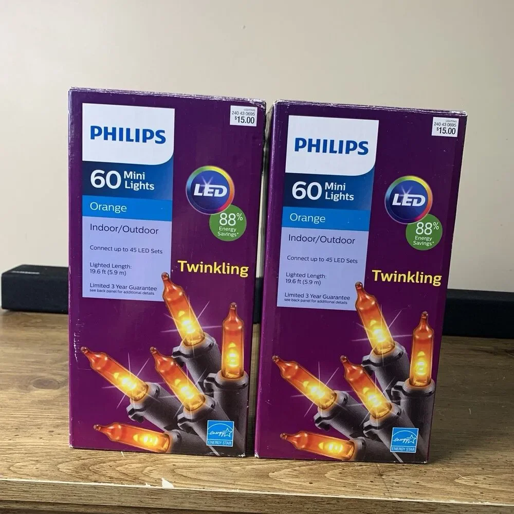 Philips 60 Orange Halloween Mini Lights 19.6 FT Twinkling Lot Of 2